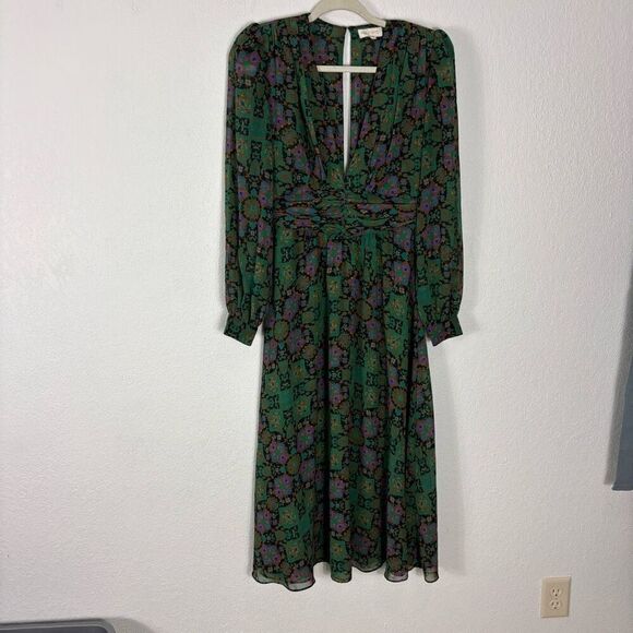 Ronny Kobo Tula Plunge Neck Long Sleeve Midi Dress Green & Purple Patterned Size - Picture 1 of 9